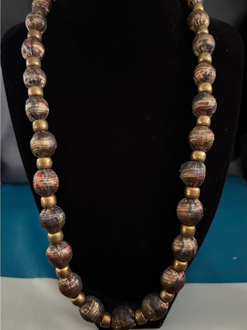 Vintage Fabric Wrapped Textile Bead Necklace with Gold Accents